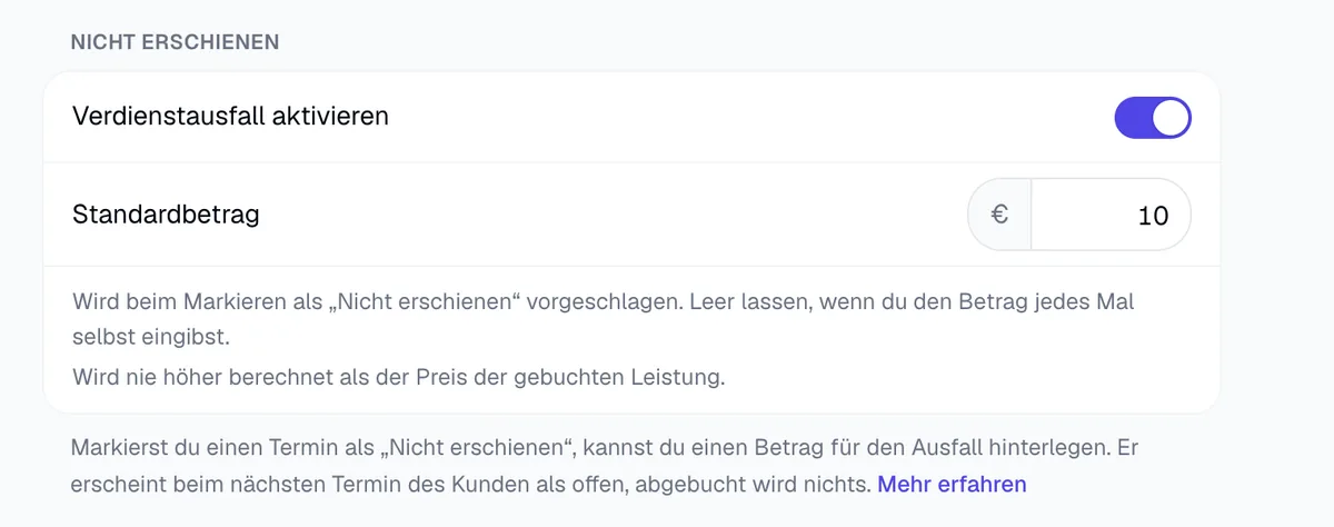 Einstellung „Verdienstausfall aktivieren“ mit Standardbetrag