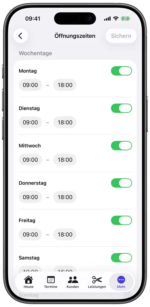 Öffnungszeiten des Salons einstellen