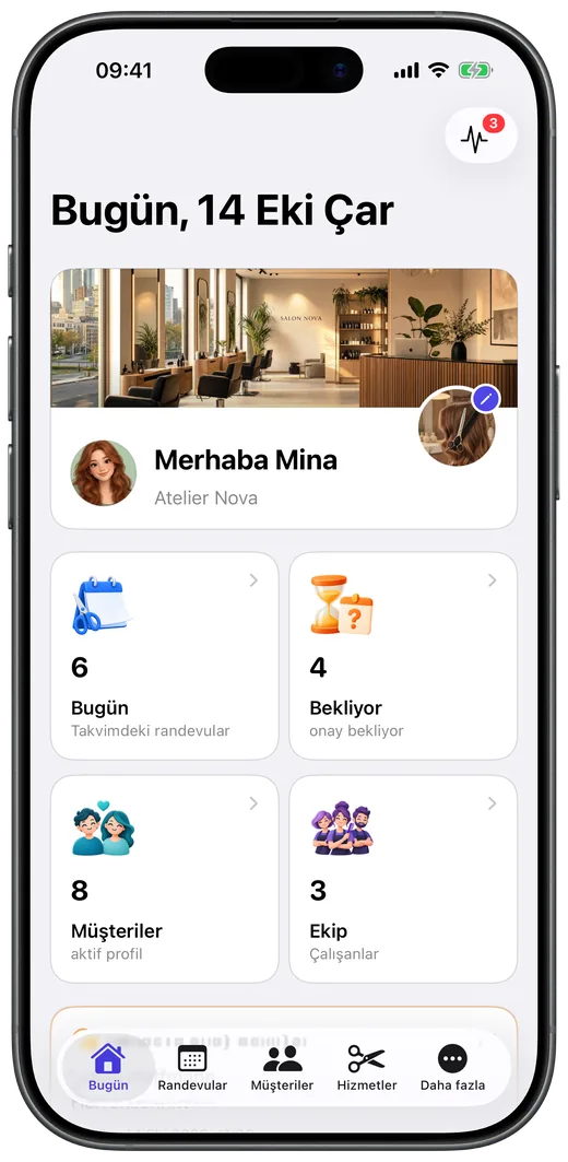 Terminavo-App auf Türkisch: Startseite „Bugün“ mit den Terminen des Tages