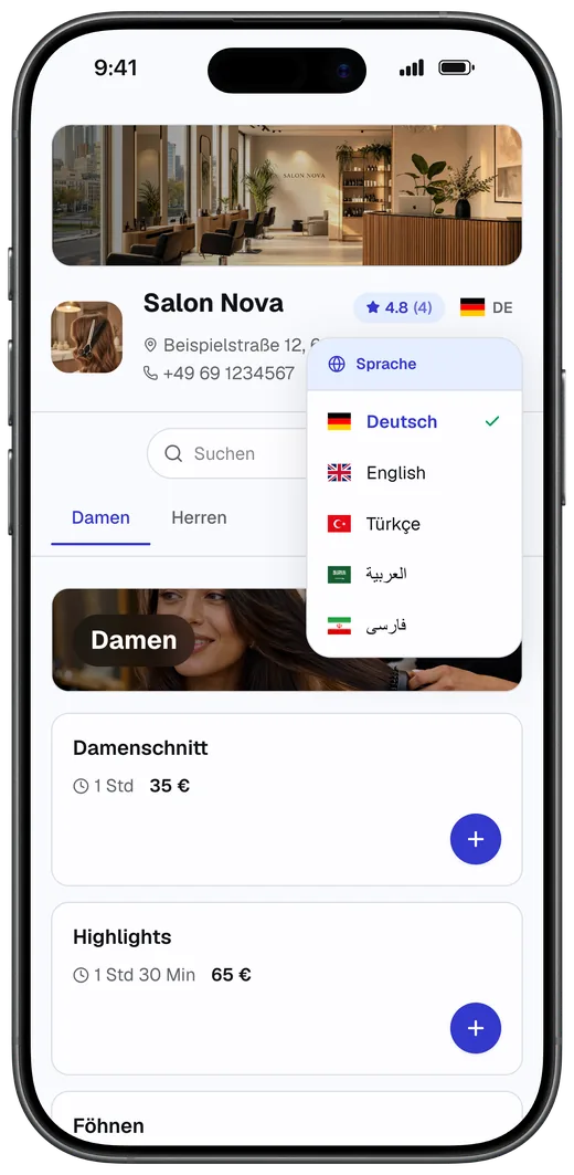 Sprachauswahl auf der Buchungsseite mit Deutsch, Englisch, Türkisch, Arabisch und Persisch