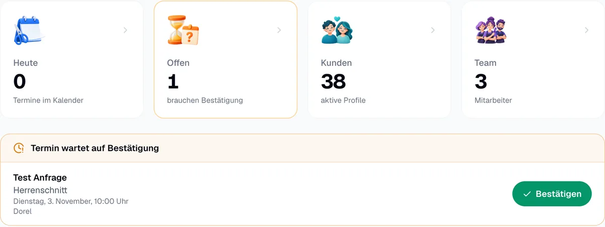 Übersicht im Web-Admin: ein Termin wartet auf Bestätigung, mit Knopf Bestätigen