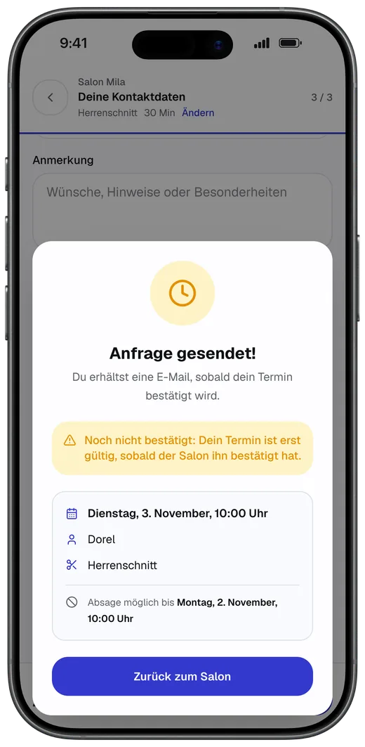 Buchungsseite nach dem Absenden: Anfrage gesendet, noch nicht bestätigt