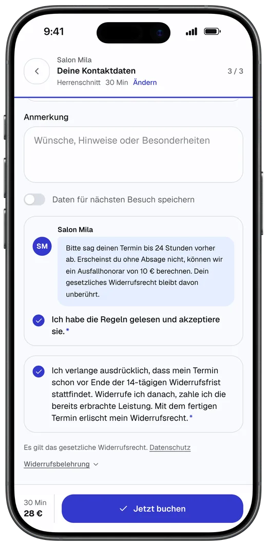 Letzter Schritt der Online-Buchung mit Kontaktdaten und Buchungsregeln