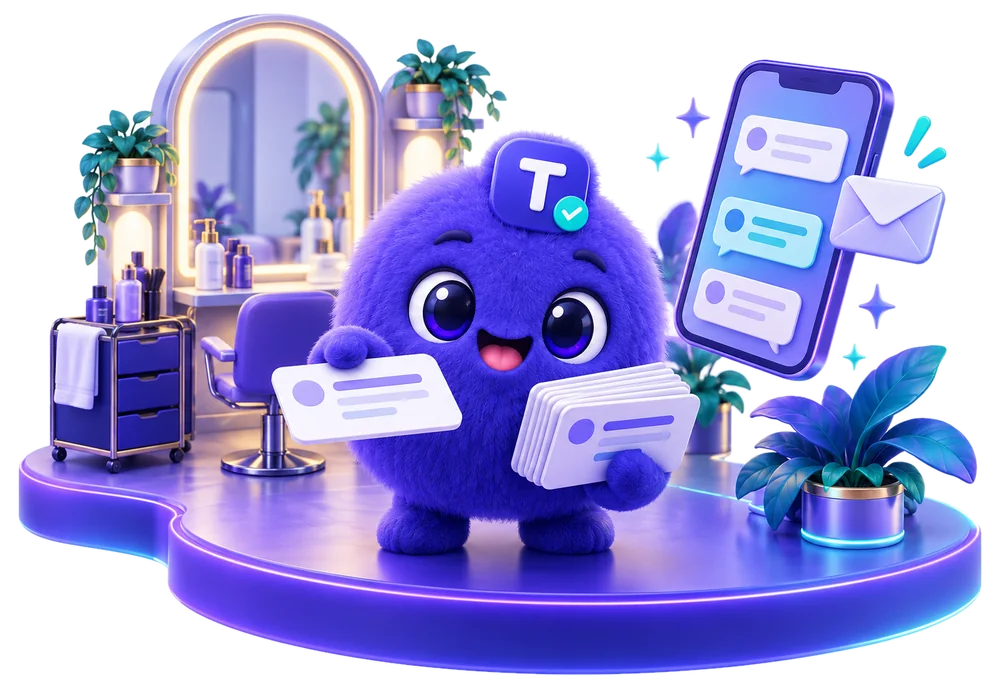 Terminavo-Maskottchen reicht eine Nachrichtenkarte, daneben ein Smartphone mit Sprechblasen und ein Briefumschlag
