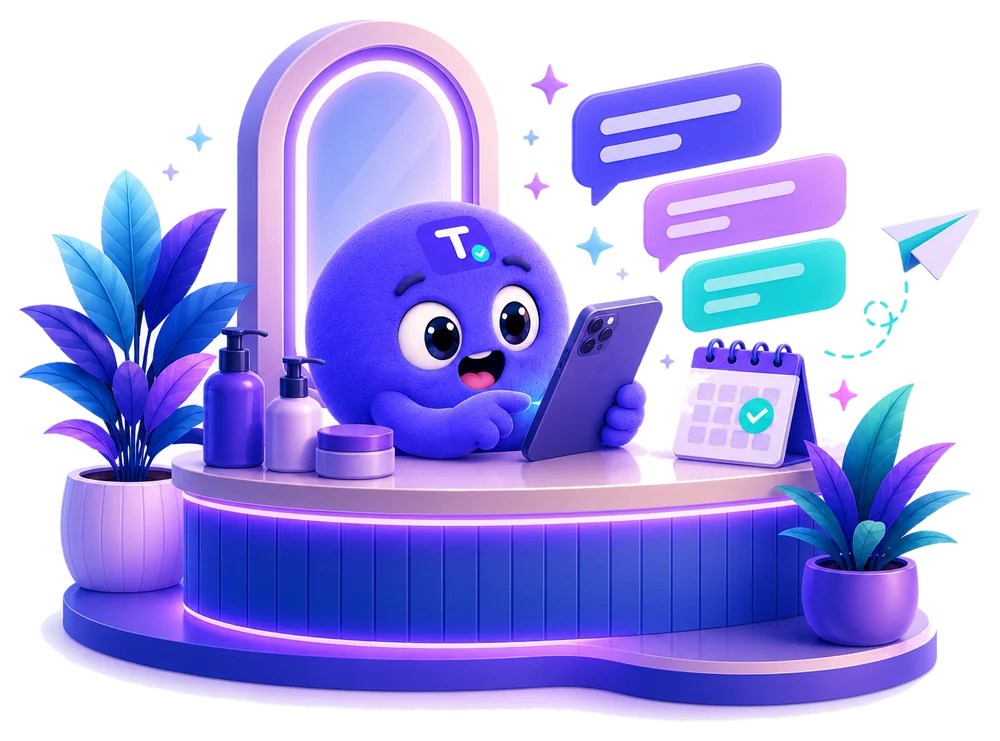 Terminavo-Maskottchen tippt am Empfang Nachrichten in ein Smartphone, daneben Sprechblasen und ein Kalender mit Häkchen