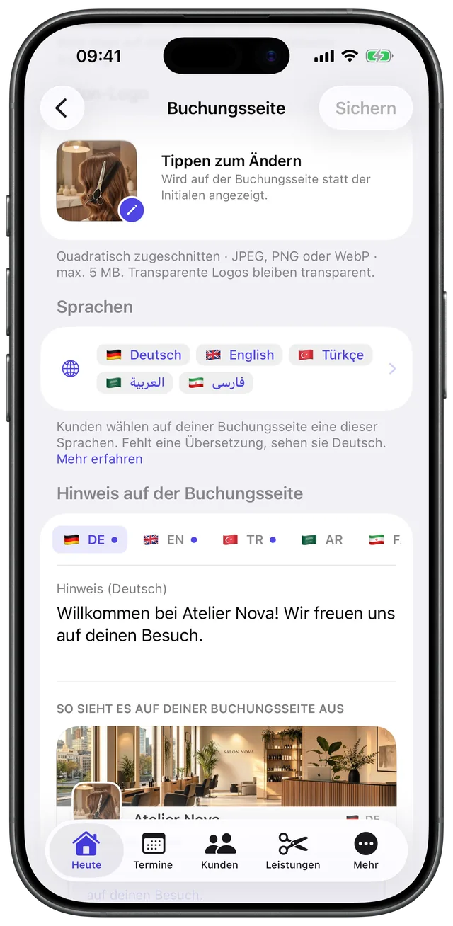 Buchungsseite eines Salons in der Terminavo-App